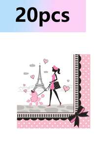 10pcs/Set Paris Eiffel Tower Theme Party Cake Plates Round Tableware Set, Suitable For Camping, Wedding, Birthday Party, Romantic Paris Creative Theme Party - Multicolor - View 7