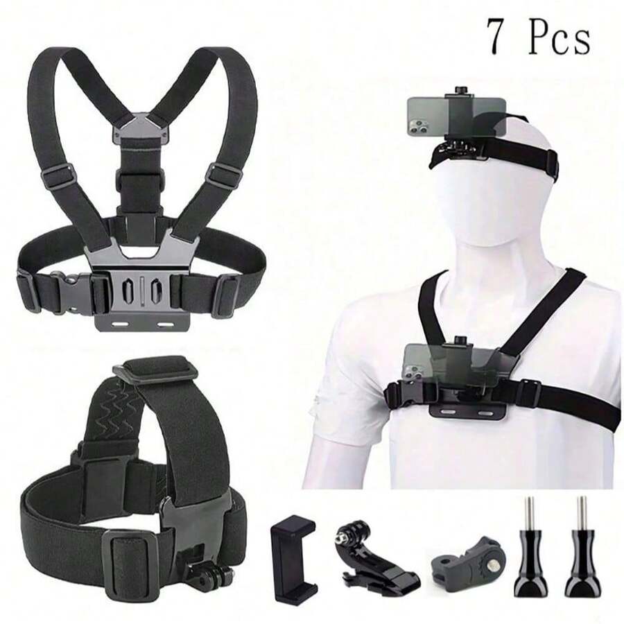 7 件 GoPro 配件套件、相机安装带、户外骑行手机支架、相机拍摄支架、头部和胸部安装带、运动相机配件套装 - 彩色 - 查看 1