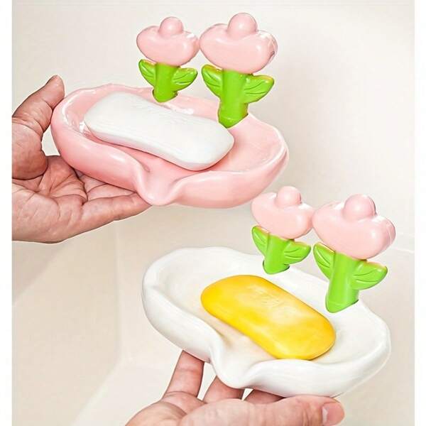 Durable Self-Draining Soap Dish, Creative Hole-Free Floral Soap Holder For Bathroom, Vanity, And Hotel Makeup Desk