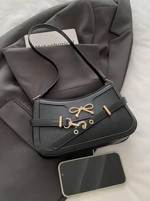 1pc Quilted Zipper Closure PU Solid Color Square Bag, Fashionable Handfeel Versatile Underarm Bag For Women, Personalized Strap Decor Bow Accent Minimalist Commuter Shoulder Bag, Large Capacity Vintage Vibe Suitable For Daily Use, Outing, Dating - Black - View 9