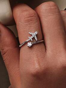 1pc Crystal Embellished Adjustable Airplane & Star Design Ring, Chic & Delicate - Silver - View 1