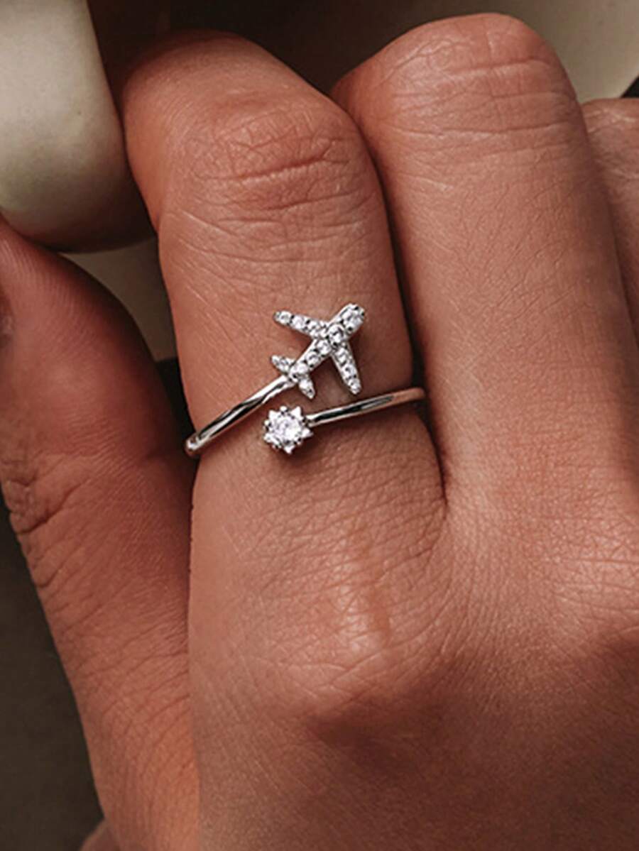 1pc Crystal Embellished Adjustable Airplane & Star Design Ring, Chic & Delicate - Silver - View 1