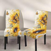 1pc/2pcs/4pcs/6pcs Creative Multi-Color Sunflower Print Home Decorative Chair Cover, Full Coverage High Stretch Slipcover, Dirt-Resistant And Anti-Fouling Chair Protector For Home, Seasonal Decor