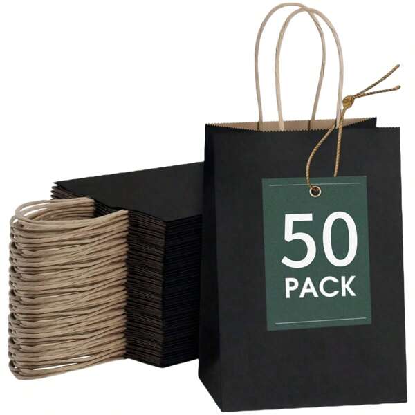 50pcs Black Paper Bags, Handled Gift Bags, Shopping Bags, Takeout Bags, Snack & Candy Bags, Suitable For Birthday Party, Wedding Gift, Takeout Retail Grocery, Gift Packaging Supplies, Back To School, Halloween, Christmas, Summer Party
