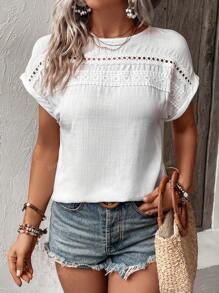 Summer Linen Feel Drop Shoulder Short Sleeve Hollow Lace Patchwork Casual Loose Blouse For Women