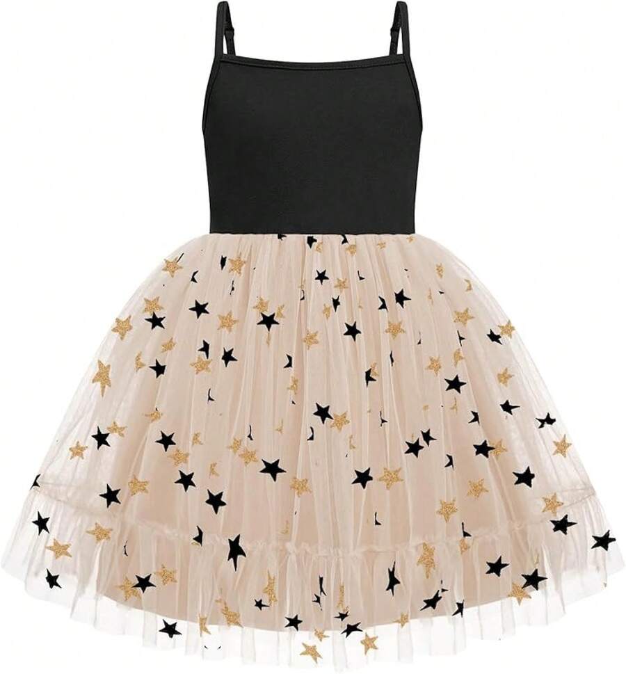 2025Toddler Girls Tulle Dress Rainbow Tutu Birthday Princess Dresses Formal Photo Shoot Outfit Summer Clothes 2-6T'Sprout Style' - 黑色 - 星星薄紗 - 查看 1