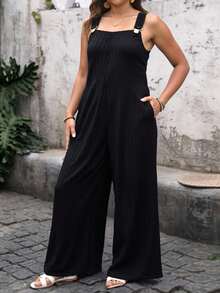 Overall mujer pantalon largo corte pierna ancha tirantes ajustables bolsillos costados algodon sueter rib suave casual vintage holgado comodo relajado versatil juvenil streetwear urbano moderno - Negro - Ver 1