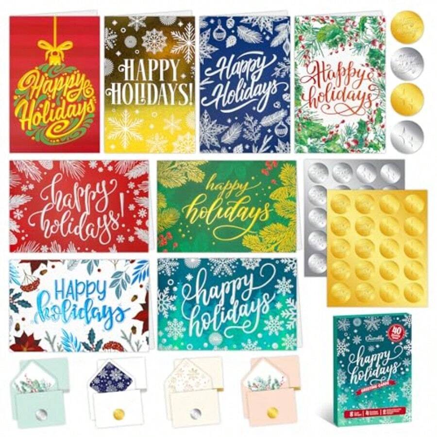 SHUS0087-40 Pack Foil Emed 5x7in Happy Holidays Cards With Envelopes Bulk And Stickers 8 Elegant Designs Happy Holiday Cards With Envelopes Bulk With Printed Mage Inside - 如圖 - 查看 1