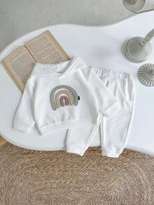 2Pcs/Set Baby Girls' Rainbow Embroidery Casual White Long Sleeve Hooded Sweatshirt & Long Pants Set, Autumn/Spring - White - View 4