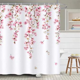 1pc Pink Cherry Blossom Shower Curtain Japanese Sakura Floral Spring Decorative Bath Curtain