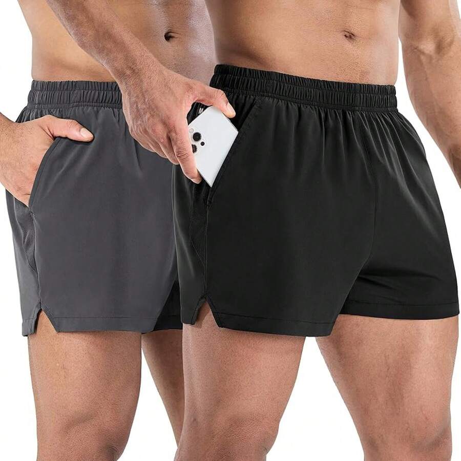 2 Pack Gym Shorts For Men Quick Dry Athletic Shorts With Brief Liner/Pockets For Running Workout Active, 3 Inch Inseam - Black/Dark Grey - View 1