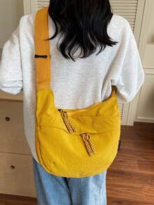 1 件纯黄色尼龙新月形可折叠手提包，多个口袋和拉链，学生休闲斜挎包，轻便方便，适合夏季，街头服饰
