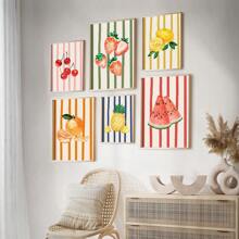 6 件水果抽象艺术印刷品套装画廊简约墙面艺术草莓西瓜柠檬柑橘芒果菠萝热带樱桃，无框架 - 彩色 - 查看 5