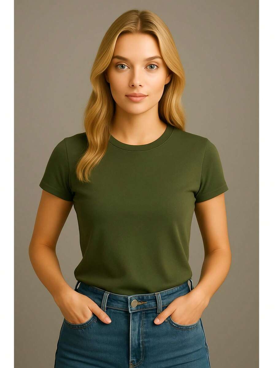 Kit 3 Basic Plain Women's T-Shirts Baby Look 100% Premium Cotton - 1 ĐƠN VỊ XANH QUÂN SỰ - Xem 1