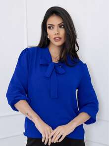 Elegant Women's Blouse With Bow Collar, 3/4 Sleeves, Dune Fabric - Xanh đậm - Xem 2