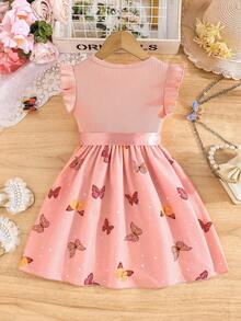 女童优雅盖袖罗纹蝴蝶图案连衣裙，夏季 - 粉色 - 查看 3
