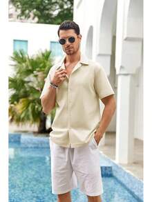 Mens Linen Button Down Shirts Short Sleeve Basic Cuban Regular Fit Wedding Summer Beach Tops - Màu be - Xem 8
