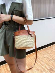 Fashionable Casual Versatile Color Block Woven Tote Bag - Multicolor - View 4