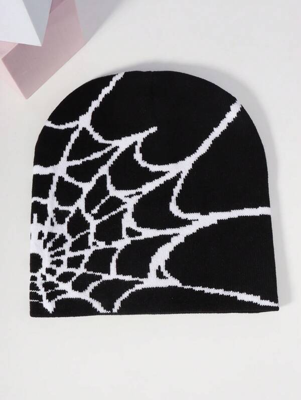 2pcs/1pc Men Spiderweb Intarsia Knit Beanie Hat, Suitable For Autumn/Winter Casual Outfits