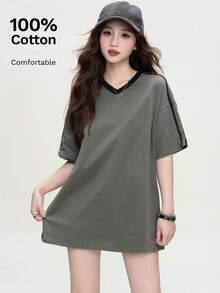 Women's Fashion Loose Fit Raglan Sleeve Striped T-Shirt - 634 Ash and Black - View 3