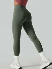1件装女士柔软贴身瑜伽紧身裤，弹力时尚舒适瑜伽健身裤，收腰提臀七分裤 - 橄欖綠 - 查看 3