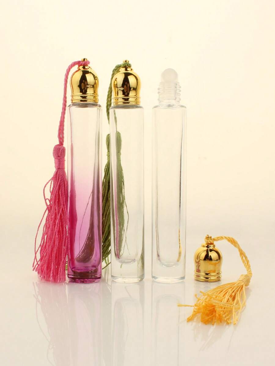 3pcs/5pcs/10pcs/20pcs Pack Long Cylinder 10ml Refillable Essential Oil/Lotion Roll-On Bottle, Gradient Thick Glass Fragrance Liquid Roller Ball Vial With Tassel
