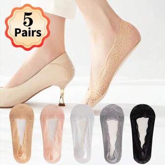 5 Pairs Women's Summer Lightweight Lace Floral Non-Slip Invisible Low-Cut Ankle Socks