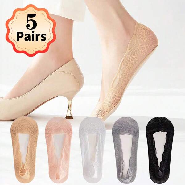 5 Pairs Women's Summer Lightweight Lace Floral Non-Slip Invisible Low-Cut Ankle Socks