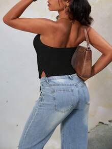 Women's Solid Color Front Slit Tube Top (Without Padding), Summer Wear - Black - View 2