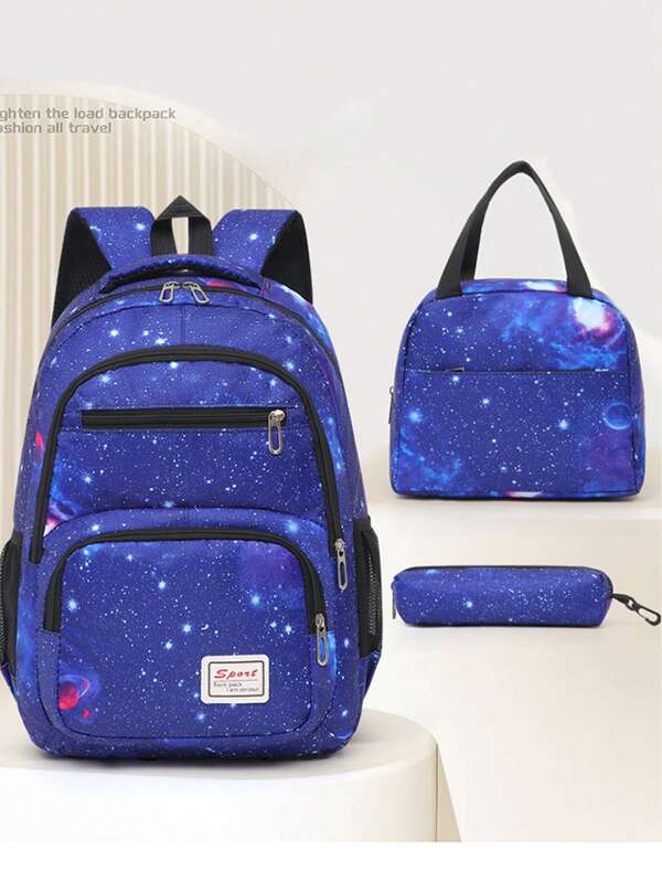 3 Pieces Set Of Dark Blue Starry Sky Print School Bag Backpack With Stationery Bag Lunch Bag, Large Capacity Waterproof Lightweight Backpack, Casual And Convenient Travel Backpack, Can Accommodate 15.6-Inch Laptop, Suitable For Elementary School Students, Junior High School Students, High School Students, College Students, Back To School Gifts For Grandchildren And Sons