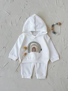2Pcs/Set Baby Girls' Rainbow Embroidery Casual White Long Sleeve Hooded Sweatshirt & Long Pants Set, Autumn/Spring - White - View 6