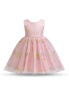 Young Girl Floral Embroidered Tulle Bowknot Fairy Little Princess Dress Garden Flower Girls Party Wedding Birthday Dresses - 粉色 - 查看 2