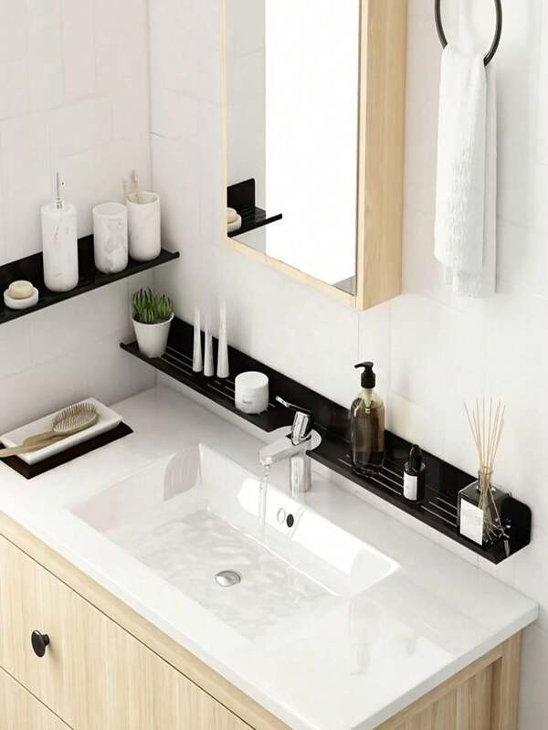 Organizador de tocador sin taladro, estantería de almacenamiento minimalista para espejo de grifo, lavabo y drenaje de baño