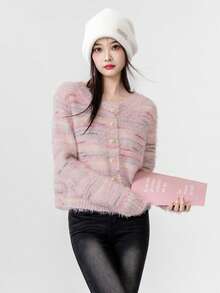 条纹蓬松新款通勤女式休闲开衫 - 粉色 - 查看 7