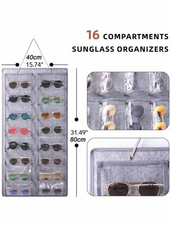 1pc Glasses Organizer, Hanging Eyeglasses Storage Rack, Black/Gray Felt Wall Mounted Glasses Holder, Fashionable Sunglasses Storage Bag For Men & Women, Perfect For Eyewear Stores Display And Daily Home Use, 16-Pocket Household Glasses Display Storage Container, Suitable For Home And Office Organization