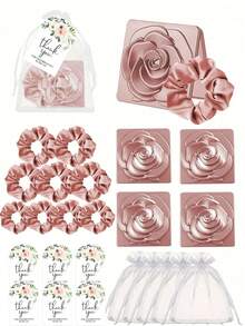 32/16/4pcs Rose Flower Mirrors, Gold Rose Flower Pattern Mirrors, Rose Gold Double-Sided Makeup Mirror, Satin Pink Scrunchie With Organza Bag, Floral Print Thank You Cards, Wedding Favor Sets, Bridesmaids & Groomsmen Gifts, Suitable For Wedding Party Gifts, Wedding Supplies, Portable Double-Sided Makeup Mirror