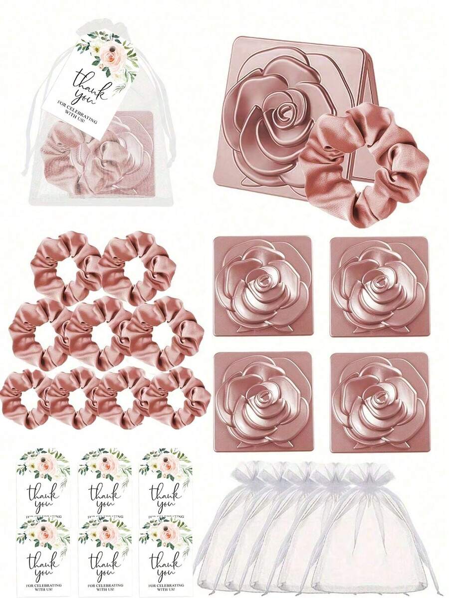 32/16/4pcs Rose Flower Mirrors, Gold Rose Flower Pattern Mirrors, Rose Gold Double-Sided Makeup Mirror, Satin Pink Scrunchie With Organza Bag, Floral Print Thank You Cards, Wedding Favor Sets, Bridesmaids & Groomsmen Gifts, Suitable For Wedding Party Gifts, Wedding Supplies, Portable Double-Sided Makeup Mirror