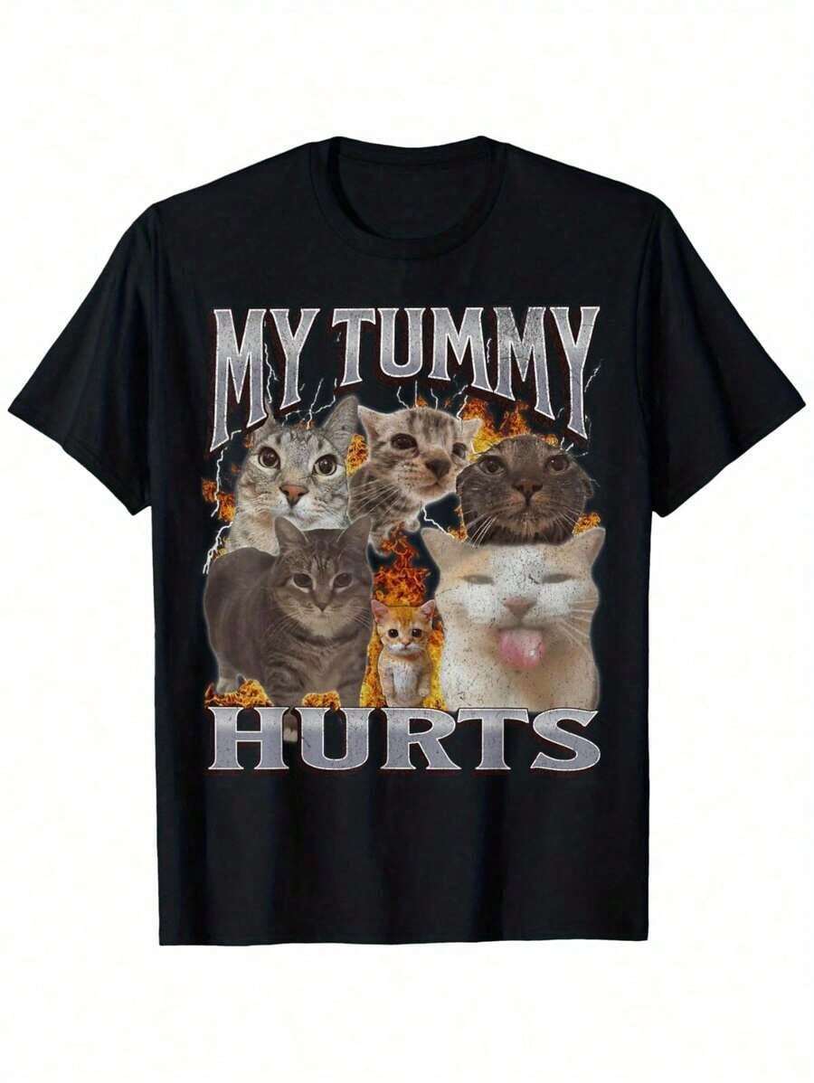 Men's "My Tummy Hurts" Funny Cat Meme Graphic T-Shirt - Crew Neck Casual Summer Tee With Humorous Cartoon Cats & Flames Design, Slightly Elastic, Sizes S-XXXL, Comfortable Outdoor Apparel | Casual Style Shirt | Slight Elasticity, Cat Shirt - 黑色 - 查看 1