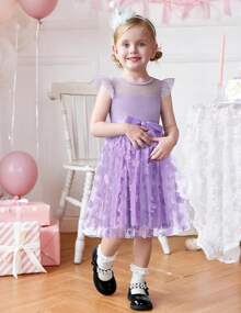 Toddler Girls Tutu Dress Summer Contrast Mesh Party Dresses Cute Princess Tulle Sundress With Belt 2-8Y - 紫色的花 - 查看 4