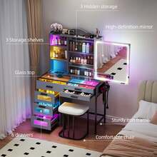 HNEBC Vanity Desk, Makeup Vanity With Lights And Sliding Vanity Mirror, Makeup Desk With Charging Station, Vanities Dressing Table With Stool,Vanity Set With Large Drawers&Shelves For Bedroom - 灰色 - 查看 6
