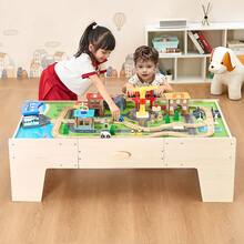 Train Table, 62 Multicolor Pieces Wooden Kids Activity Table With Large Storage Drawer, 3-In-1 Wooden Train Set For Playing, Drawing, Reading, Eating, Creative Toy Set For Kids Ages 3+ - 62 Multicolor Pieces - View 1