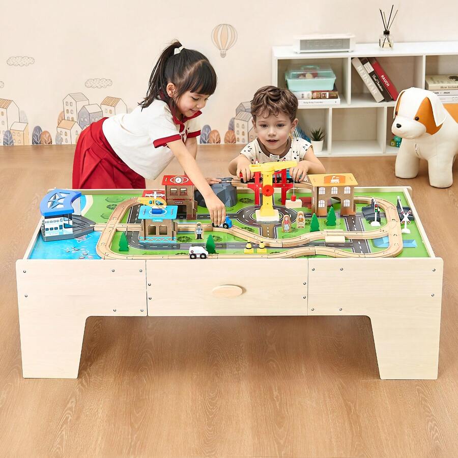 Train Table, 62 Multicolor Pieces Wooden Kids Activity Table With Large Storage Drawer, 3-In-1 Wooden Train Set For Playing, Drawing, Reading, Eating, Creative Toy Set For Kids Ages 3+ - 62 Multicolor Pieces - View 1