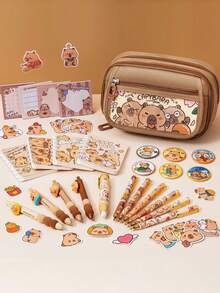 Kids Backpack For School Girls, 28PCS Capybara Toddler School Supplies Stationery Set With Bookbag Pencil Case Pins Gel Pens Pencils Notebooks Sticky Notes For Kindergarten Elementary Student, Back To School Gifts - Capybara - 查看 3
