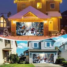 1 件圣诞节聚酯纤维车库门横幅 - 带有圣诞老人和驯鹿的雪景节日墙面装饰，适合节日期间的户外装饰