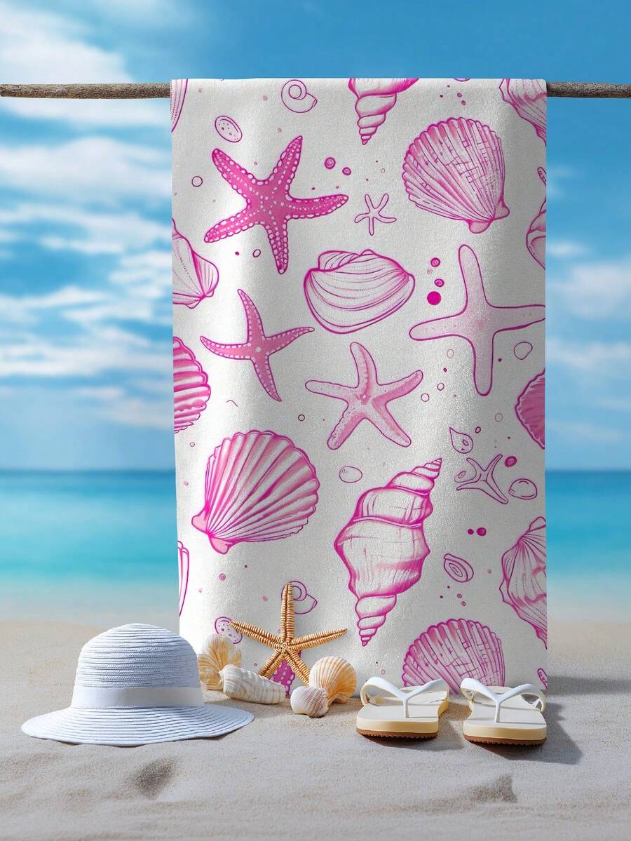 1 件粉色贝壳海星印花沙滩巾，超细纤维速干吸水沙滩巾，泳池日光浴巾，适合户外游泳、运动、健身、瑜伽、露营、度假必备礼物、户外池畔、沙滩装饰沙滩巾、沙滩配件、泳池浮圈