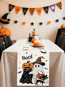 1 件/100 件 35*180 厘米万圣节鬼南瓜黑猫涤纶桌旗，南瓜、鬼、黑猫和蝙蝠，星星装饰，适用于万圣节派对、家庭聚会、餐桌装饰、节日餐桌装饰、万圣节派对用品 - 彩色 - 查看 2
