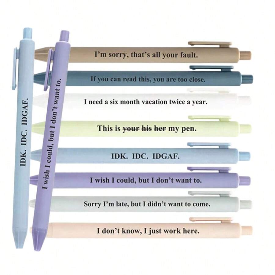 8 支趣味塑料笔 - 可伸缩圆珠笔，带有趣味文字，黑色墨水，印有文字，非常适合办公室、学校、派对活动、任何喜欢幽默的人送给同事的礼物、学校用品、返校