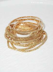 12pcs Fashion Rhinestone Elastic Bangle Bracelet Set, Women Gold-Color Cuff Bracelet