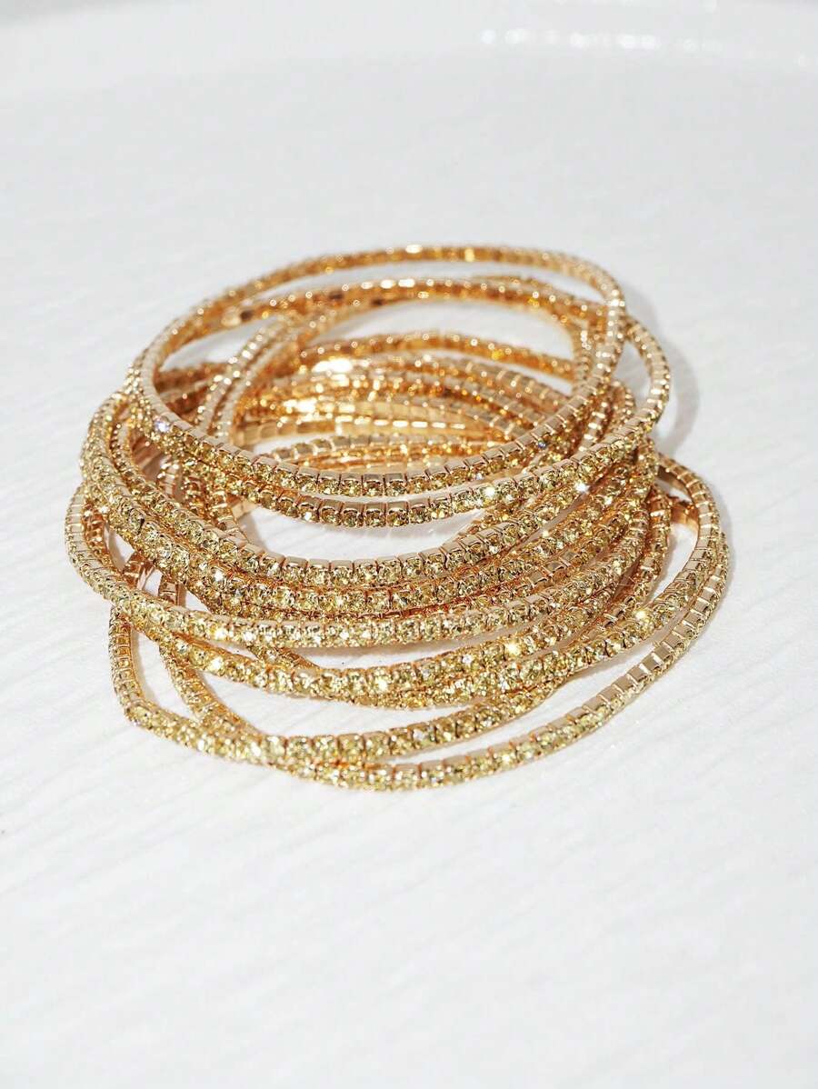 12pcs Fashion Rhinestone Elastic Bangle Bracelet Set, Women Gold-Color Cuff Bracelet