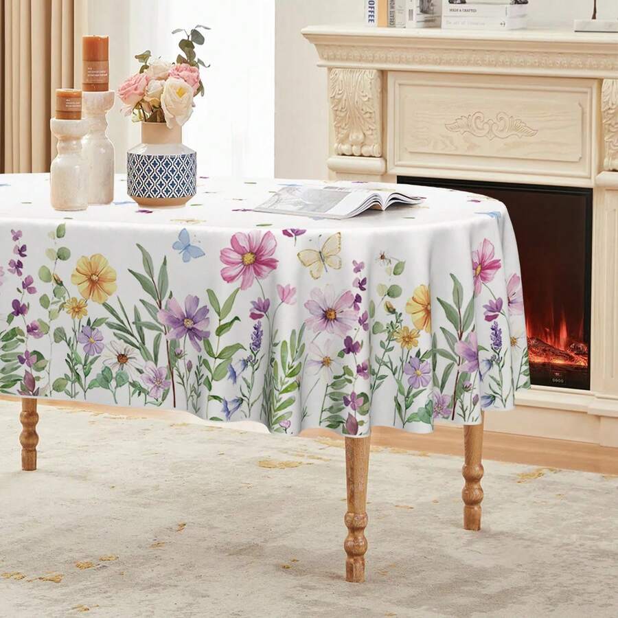 Spring Tablecloth 60*84 Inch Oval, Wildflowers Floral Butterfly Washable Seasonal Table Cover For Party Picnic Dinner Decor,6549709 - White - View 1